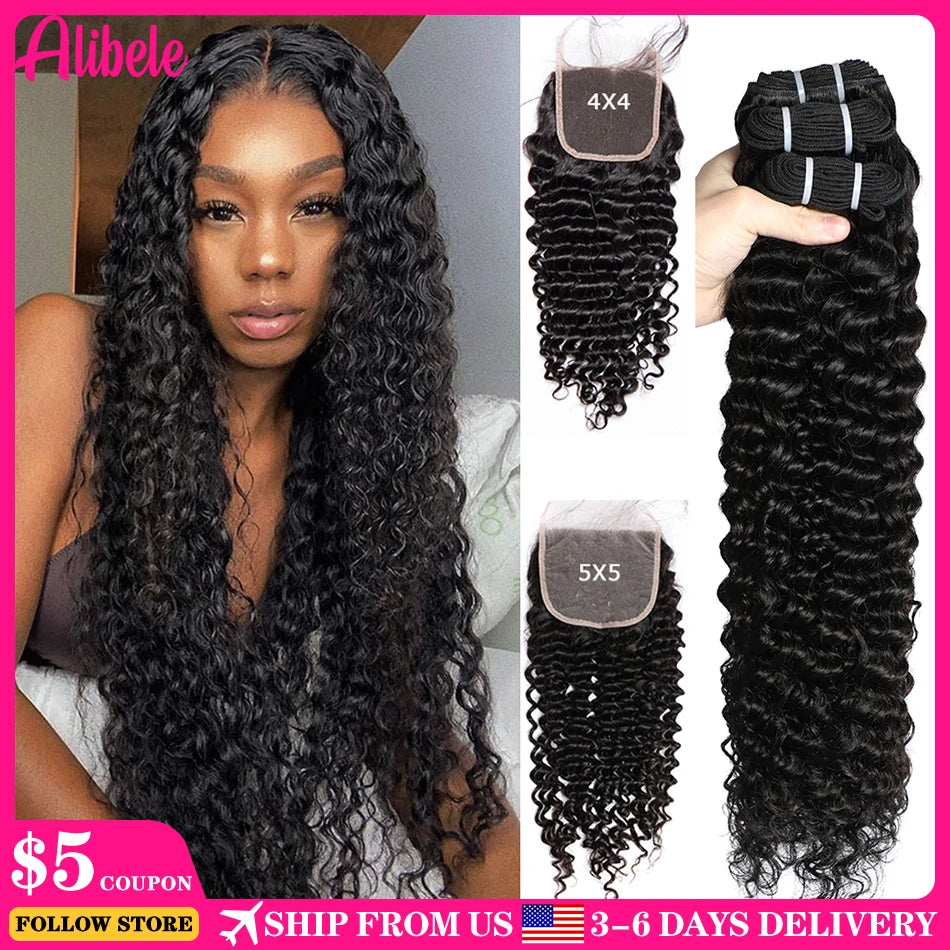 5x5 HD Lace Closure With Bundles Brazilian Deep Wave Curly Hair Bundles With 4x4 Lace Closure Remy HumanHair Bundles WithClosure